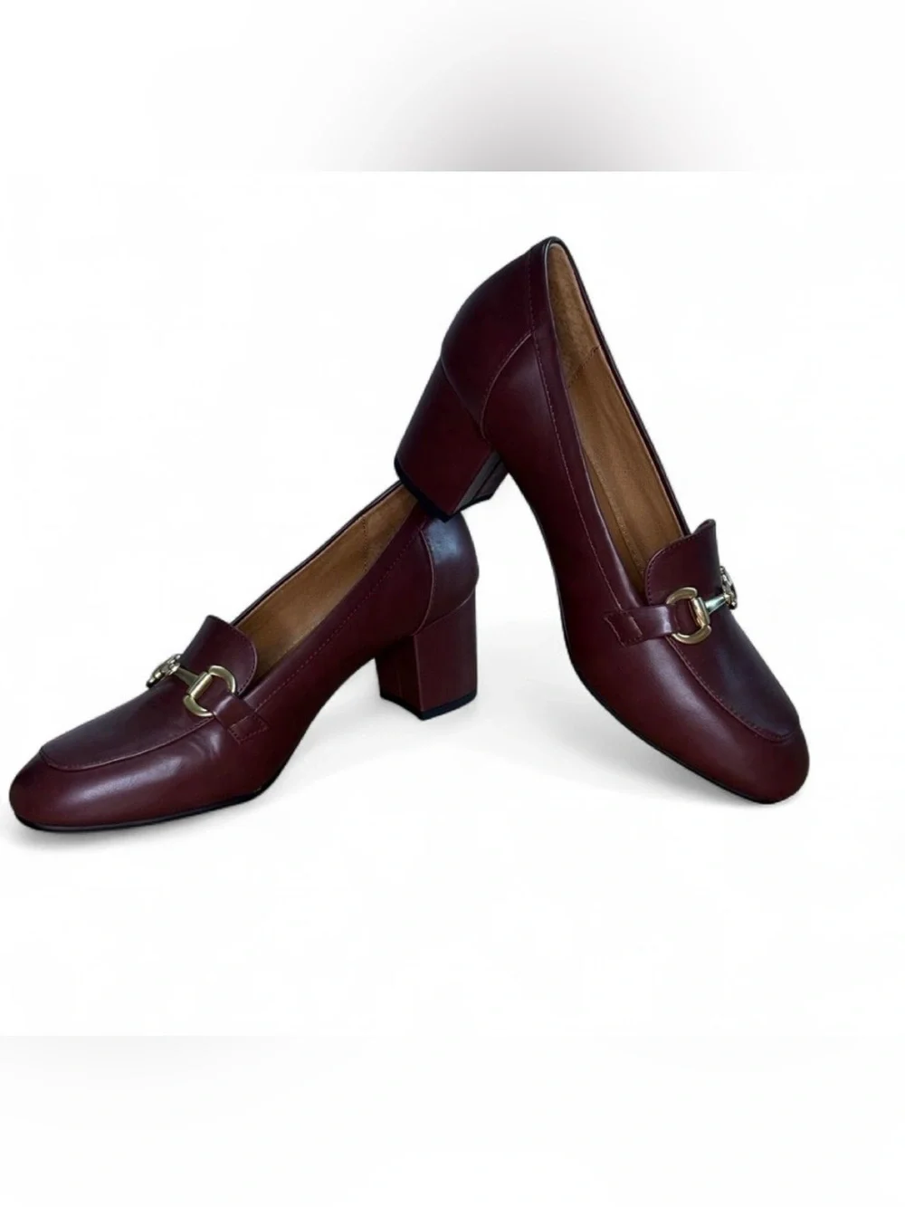 Women's Burgundy Leather Block Heel Loafers